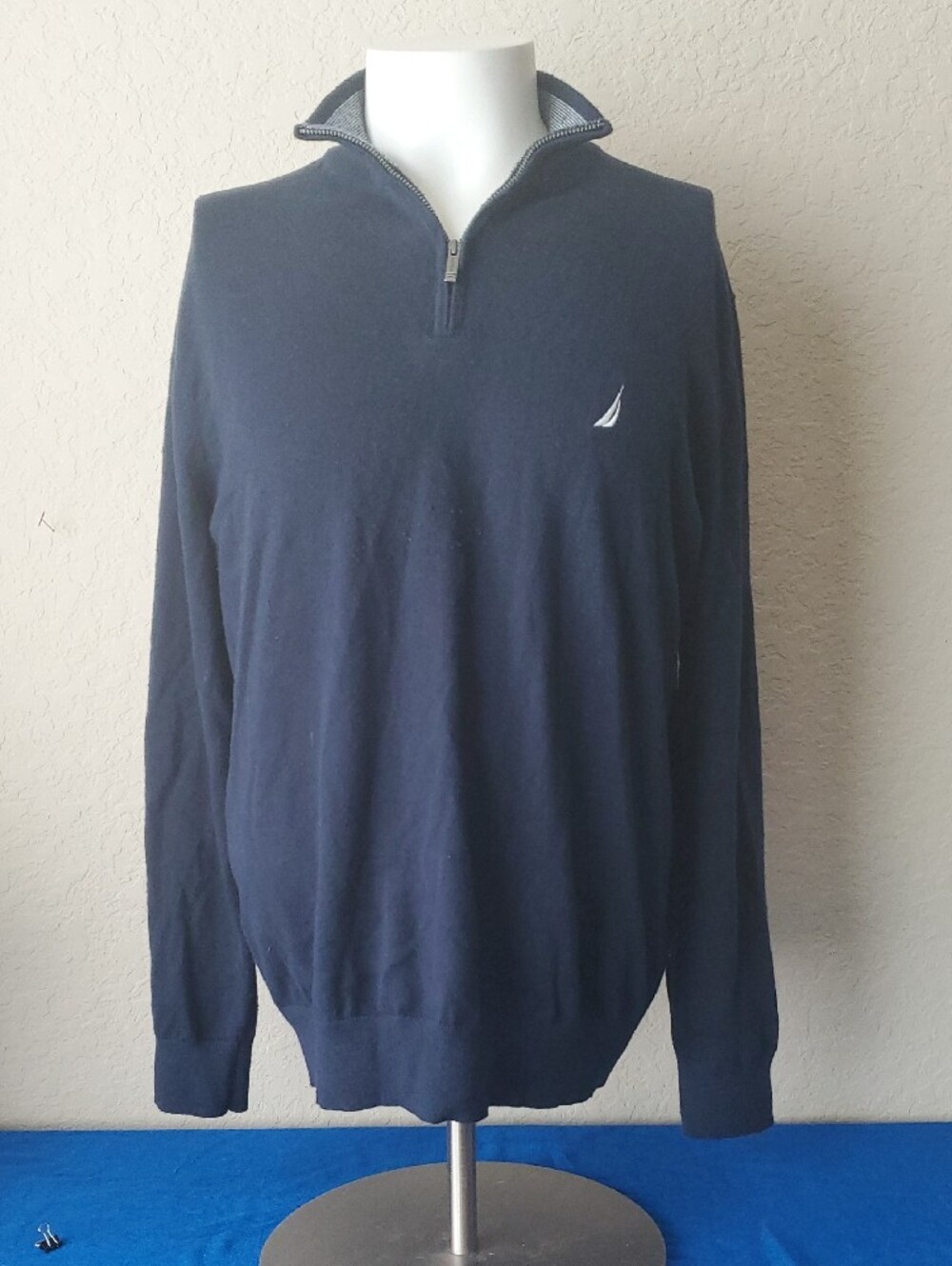 Nautica Men's Quarter-Zip Cotton Sweater Large Dark Navy Blue Embroidered Sailbo